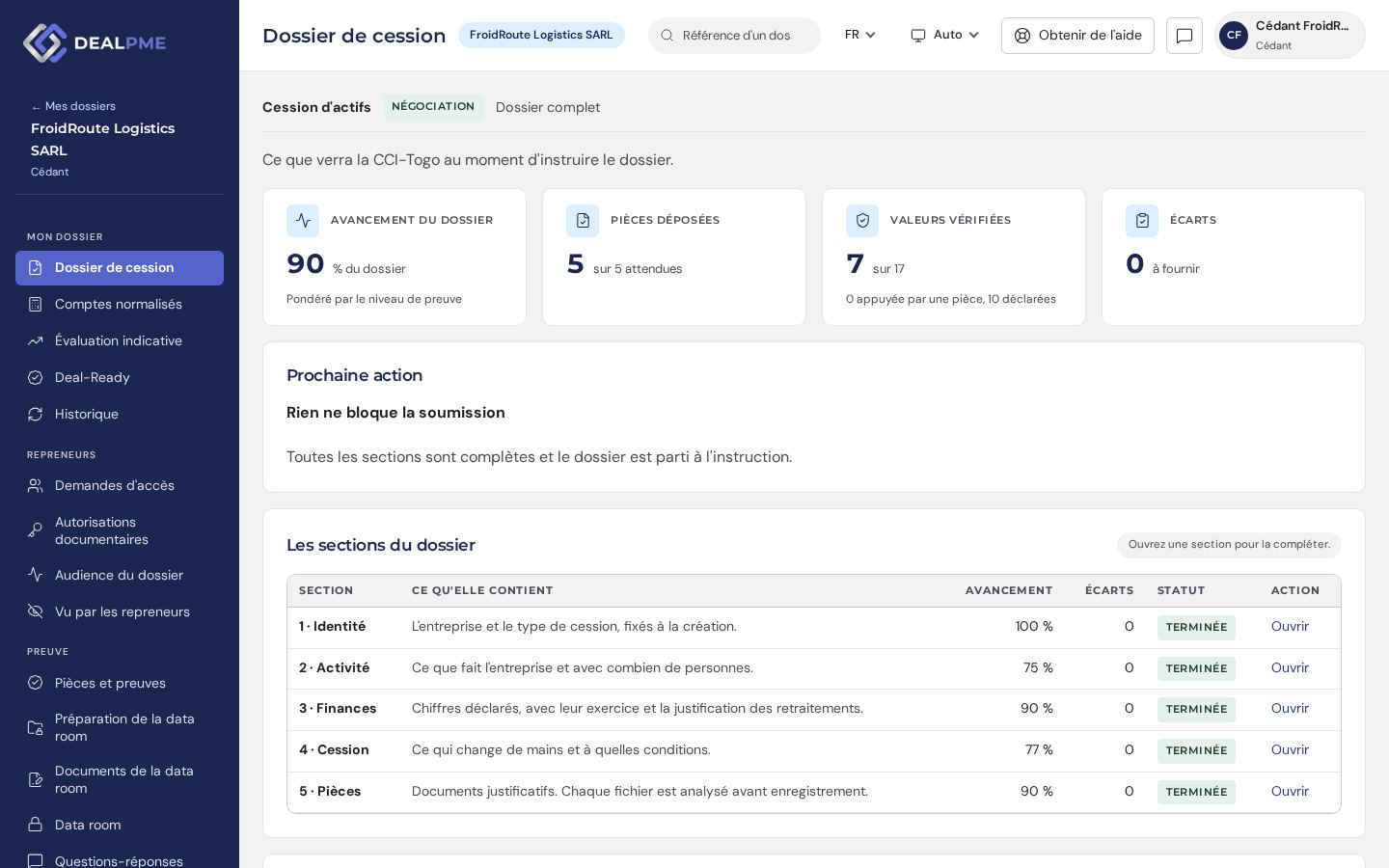 Récapitulatif du dossier de cession dans l'espace du cédant.
